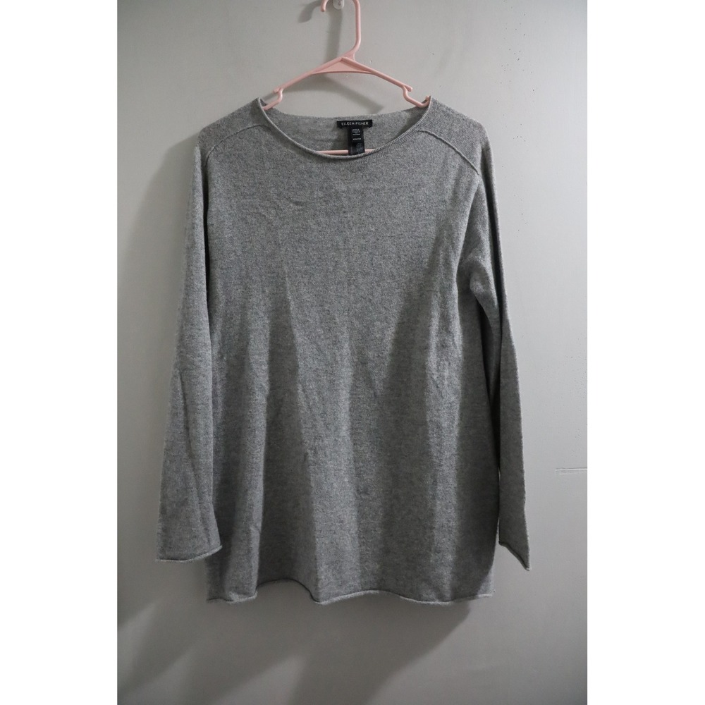 Eileen Fisher Cashmere Crew Neck Sweater Gray XXS Long Sleeve Side Slit Pullover